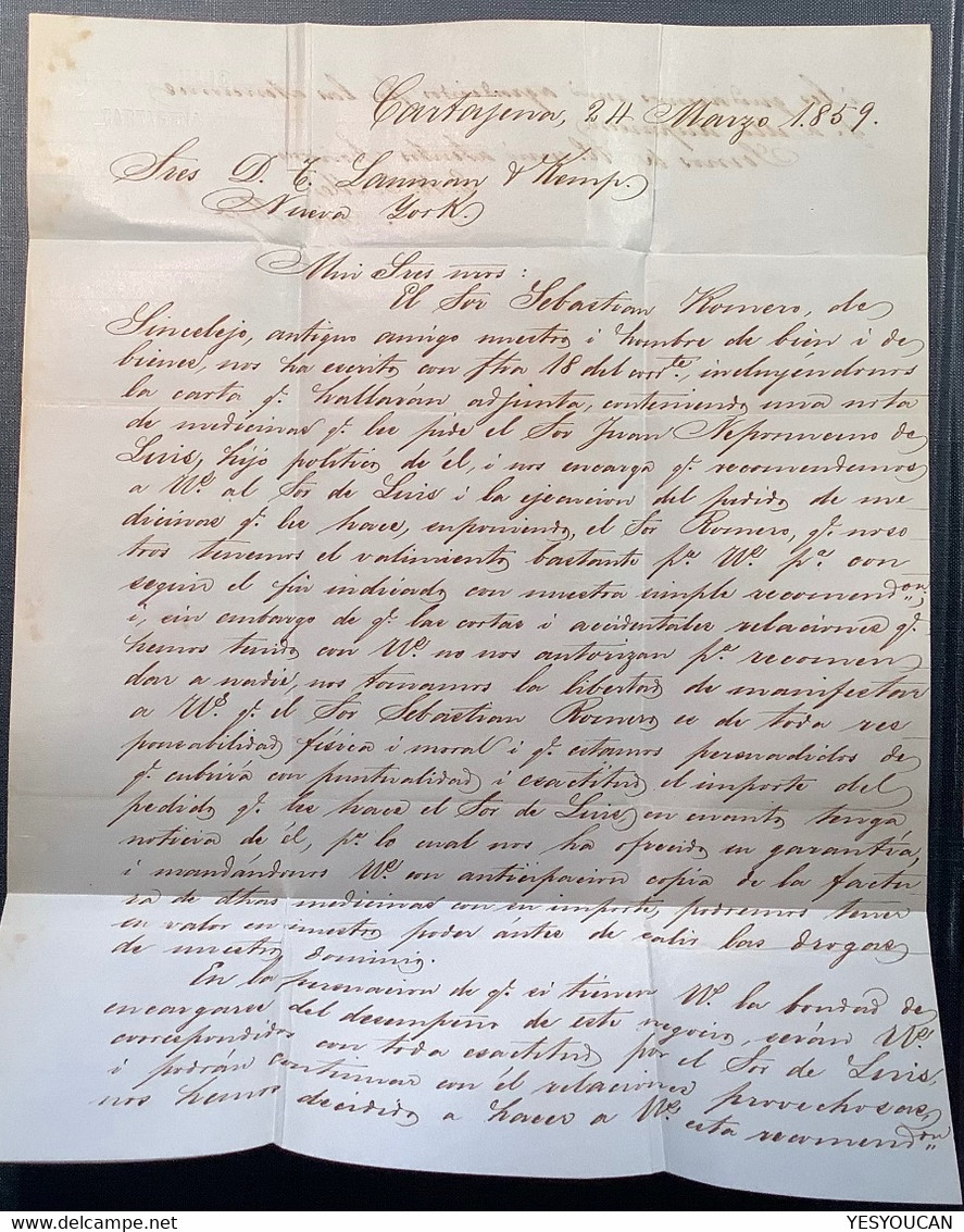 1859 RARE FORWARDED "T.R.COWAN COLON NEW GRANADA" (Panama)entire Carthagena Colombia>New York USA (forwarder Cover - Panamá