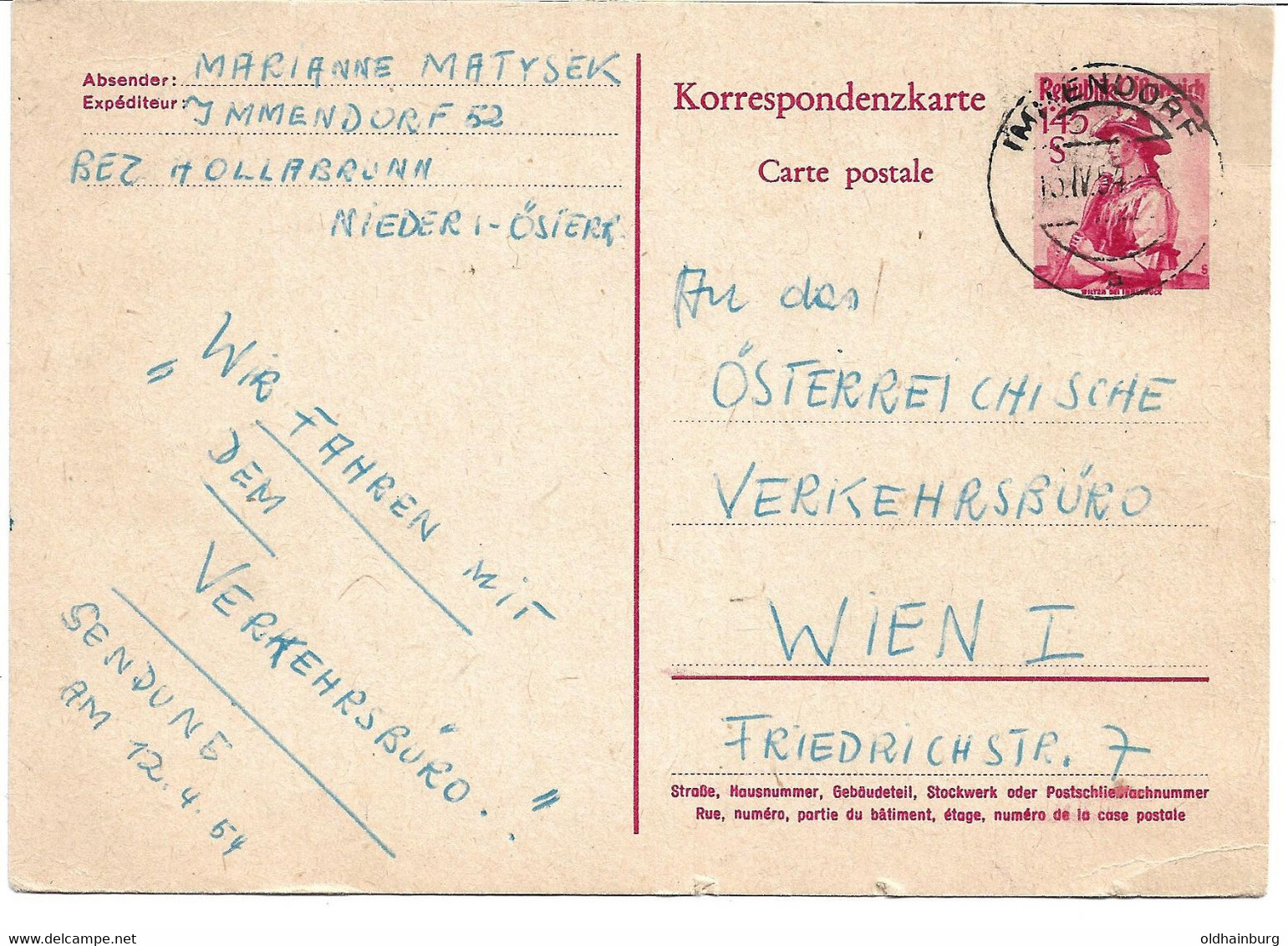 2050j1: Seltener Bez. Mistelbach- Heimatbeleg Immendorf 1954, Seltene Karte, Seltener Stempel Aber... - Mistelbach