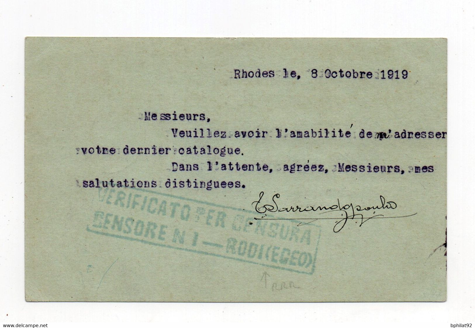 !!! LEVANT, ENTIER POSTAL MOUCHON CACHET DE RHODES DU 8/10/1919 POUR PARIS. CENSURE ITALIENNE - Brieven En Documenten