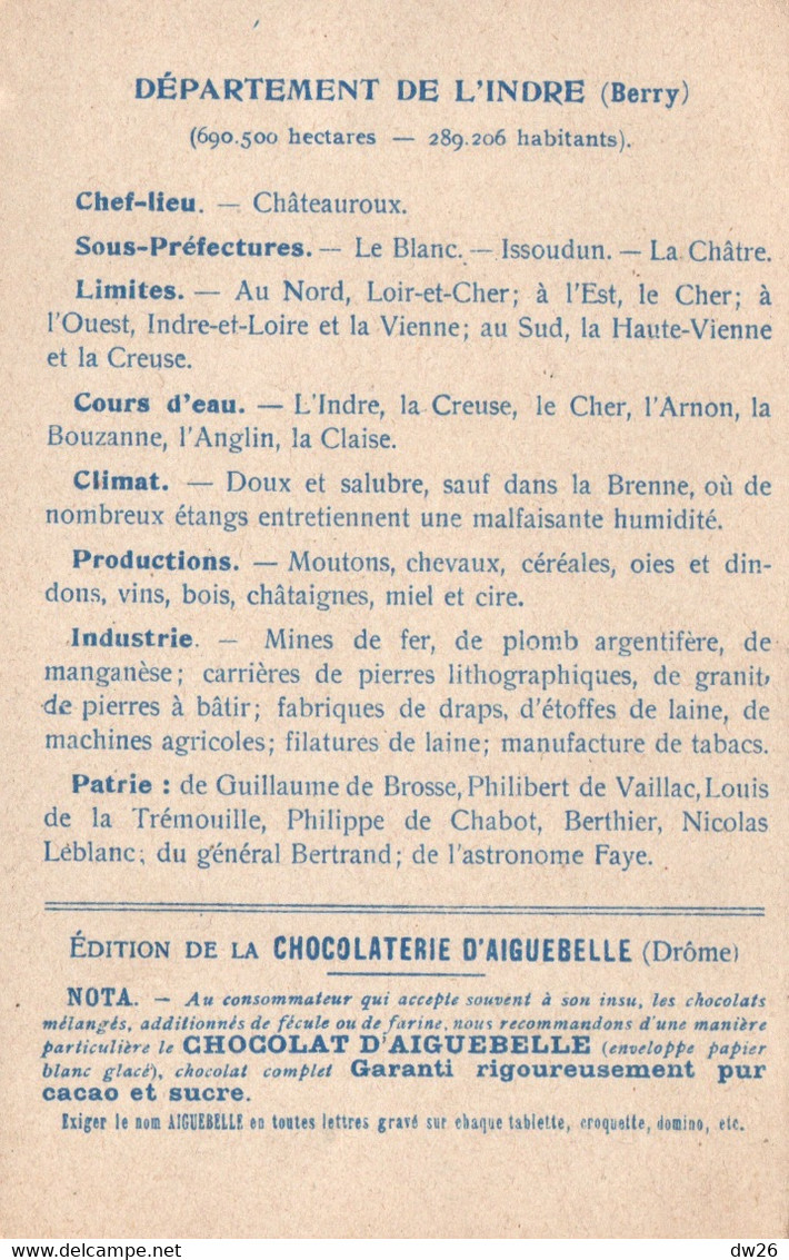 Chromo Chocolaterie D'Aiguebelle - Les Départements: L'Indre - Chateauroux, Argenton Et La Creuse (en Médaillon) - Aiguebelle