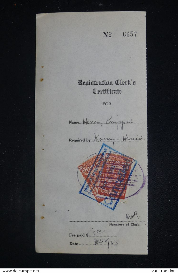 CANADA - Fiscaux De La Province De Saskatchewan Sur Document En 1923 - L 121441 - Fiscale Zegels