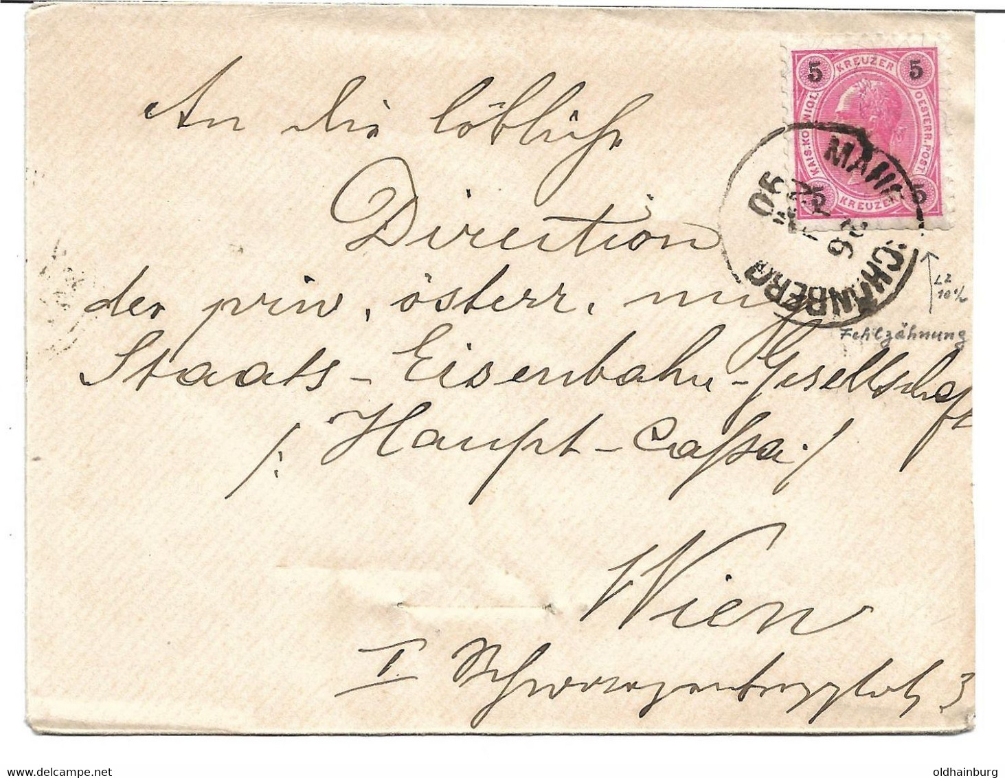 2050q: Altösterreichisches Gebiet Mährisch Hohnberg, Brief 1890 Gelaufen Nach Wien- Staatseisenbahn- Gesellschaft - ...-1918 Préphilatélie