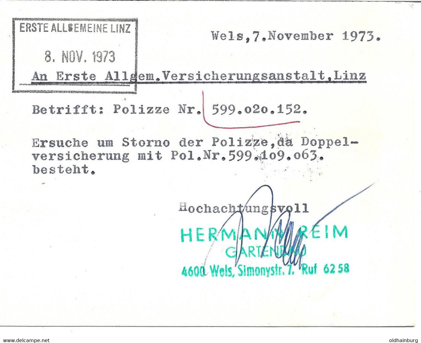 2050x: Heimatbeleg 4600 Wels, Simonystraße 7, Hermann Reim Gartenbau, Gelaufen 1973 - Wels