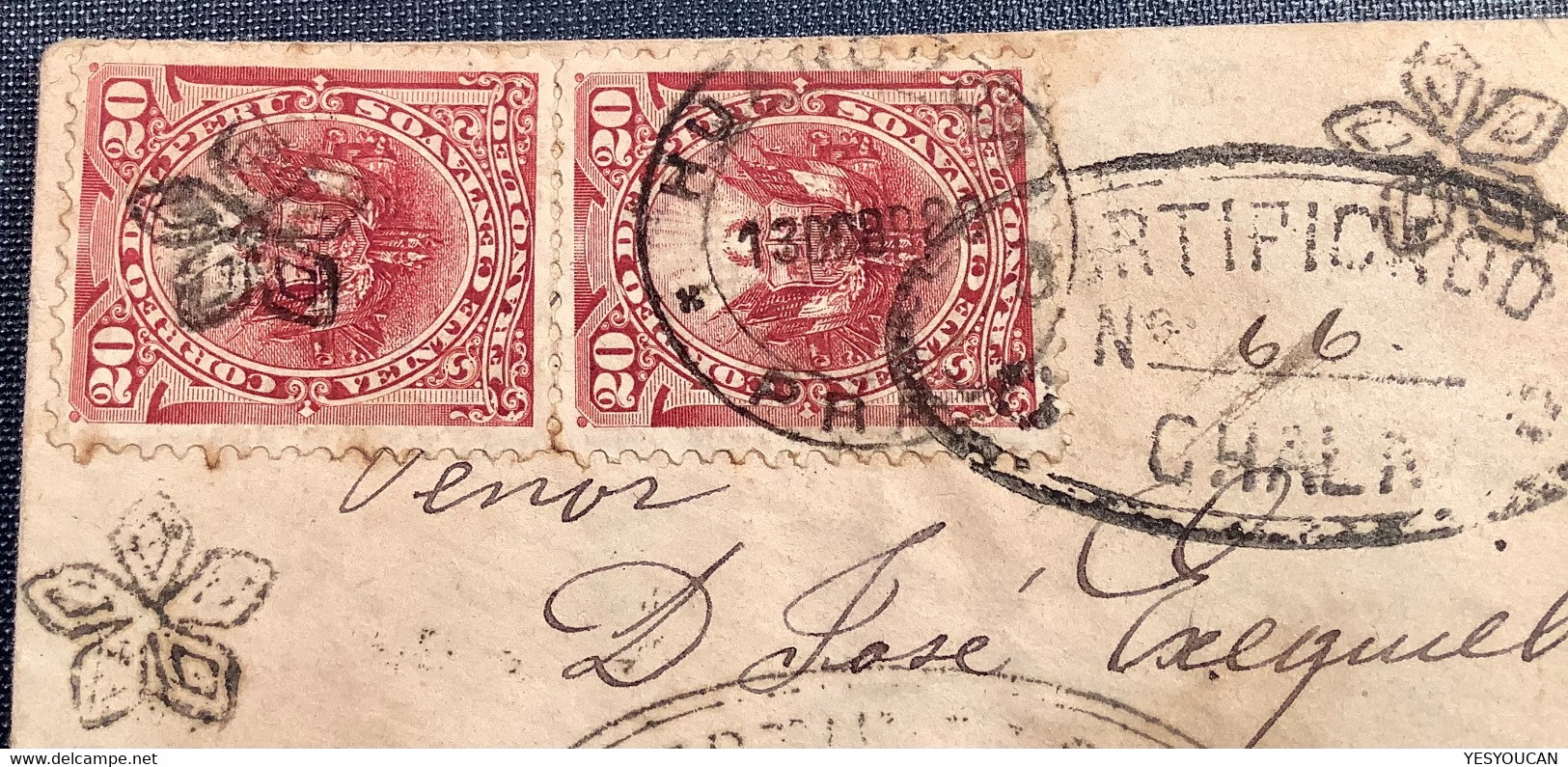 VERY RARE "CERTIFICADO CHALA" 1880 Registered Cover FLOWER H.s>Caraveli Via Huancavelica (Peru Perou 1874 Lettre Fleur - Perú