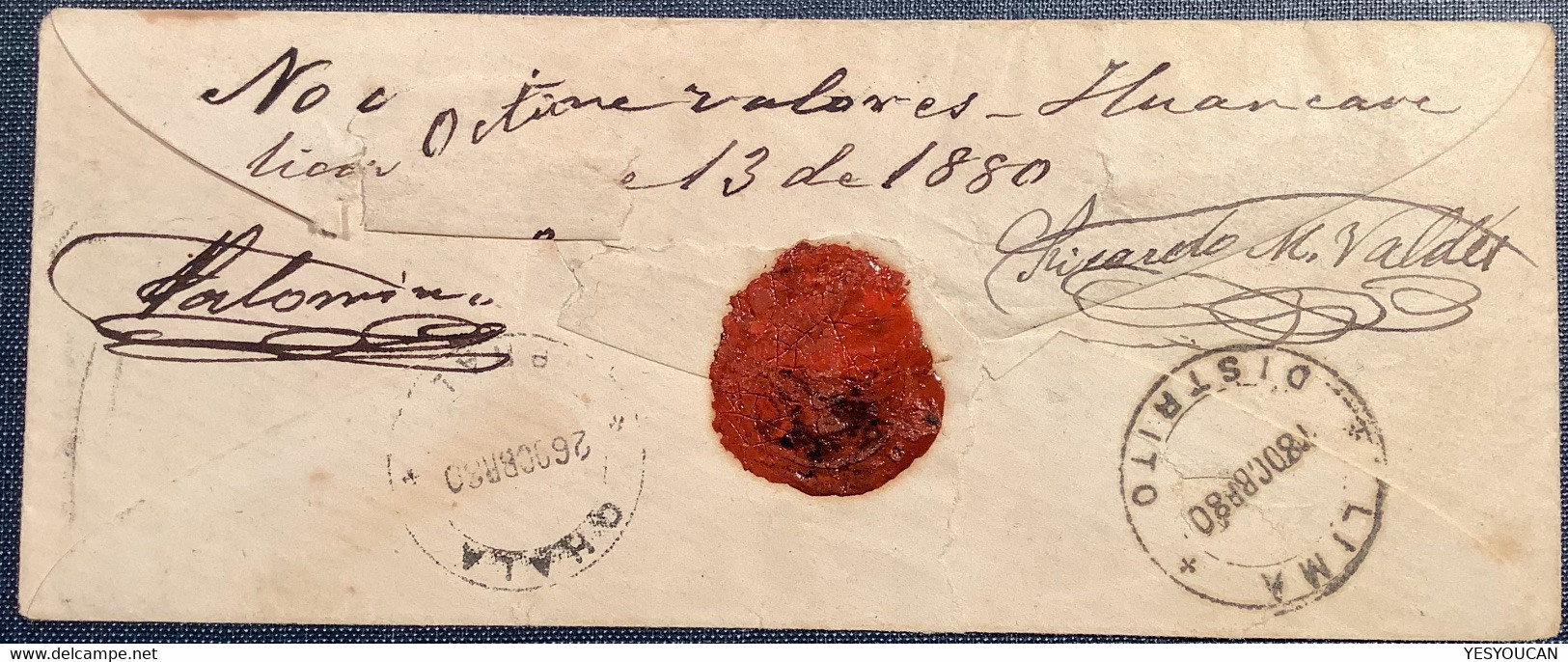 VERY RARE "CERTIFICADO CHALA" 1880 Registered Cover FLOWER H.s>Caraveli Via Huancavelica (Peru Perou 1874 Lettre Fleur - Peru