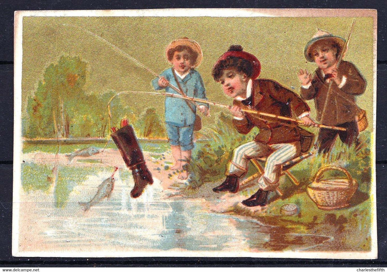 RARE ! CHROMO Doré - Guilded Chromo - Enfant à La Pêche - Pecher - Child Fishing - Catching Boot - Sonstige & Ohne Zuordnung