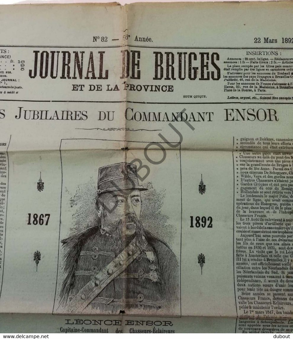 Brugge - Journal De Bruges - 1892 - Fêtes Jubilaires Du Commandant Ensor  (V556) - Informaciones Generales
