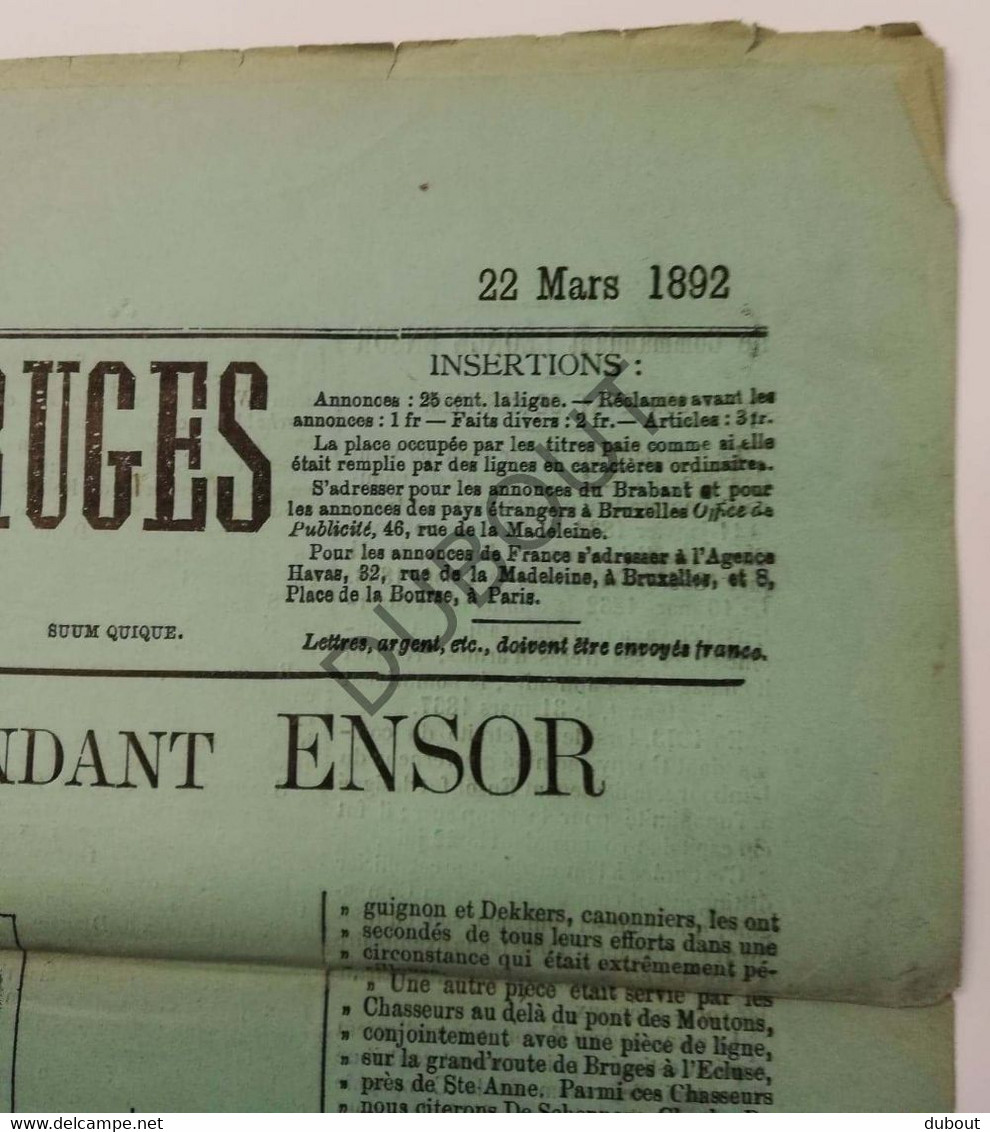 Brugge - Journal De Bruges - 1892 - Fêtes Jubilaires Du Commandant Ensor  (V556) - Informations Générales