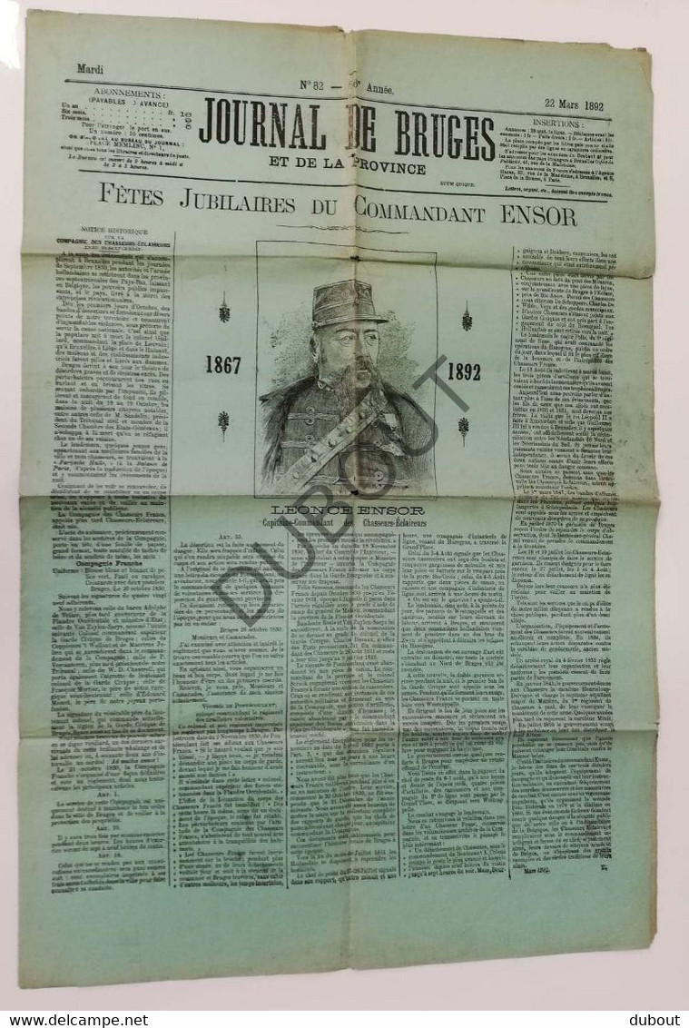 Brugge - Journal De Bruges - 1892 - Fêtes Jubilaires Du Commandant Ensor  (V556) - Informaciones Generales