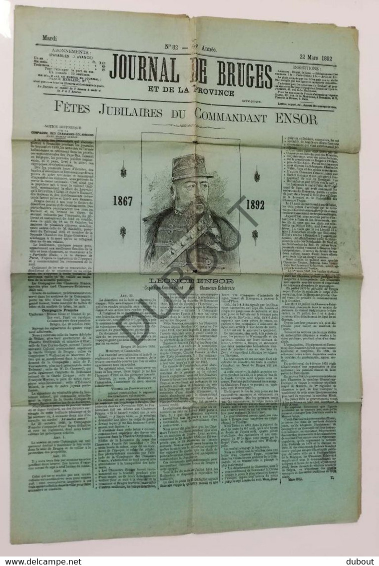 Brugge - Journal De Bruges - 1892 - Fêtes Jubilaires Du Commandant Ensor  (V556) - General Issues