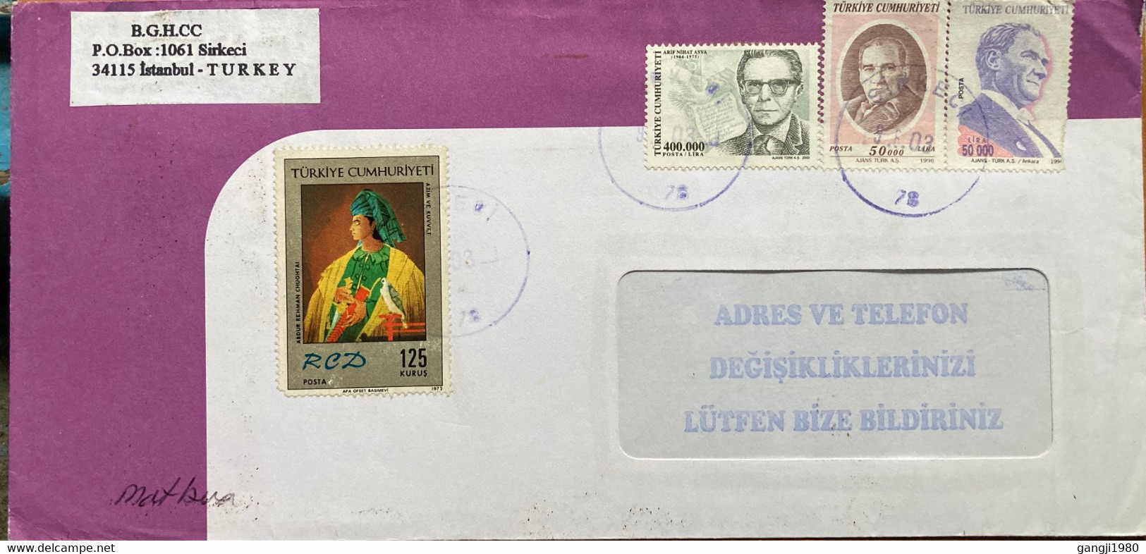 TUEKEY 2003, PRESIDENT FAMOUS PERSON,ART , PAINTING SULTAN,BIRD,4 STAMPS, SURKECI CITY CANCELLATION COVER TO INDIA - Briefe U. Dokumente