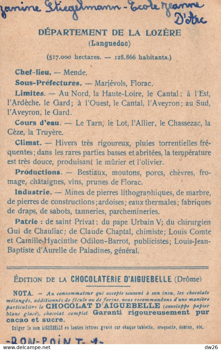 Chromo Chocolaterie D'Aiguebelle - Les Départements: La Lozère, Mende - Aiguebelle