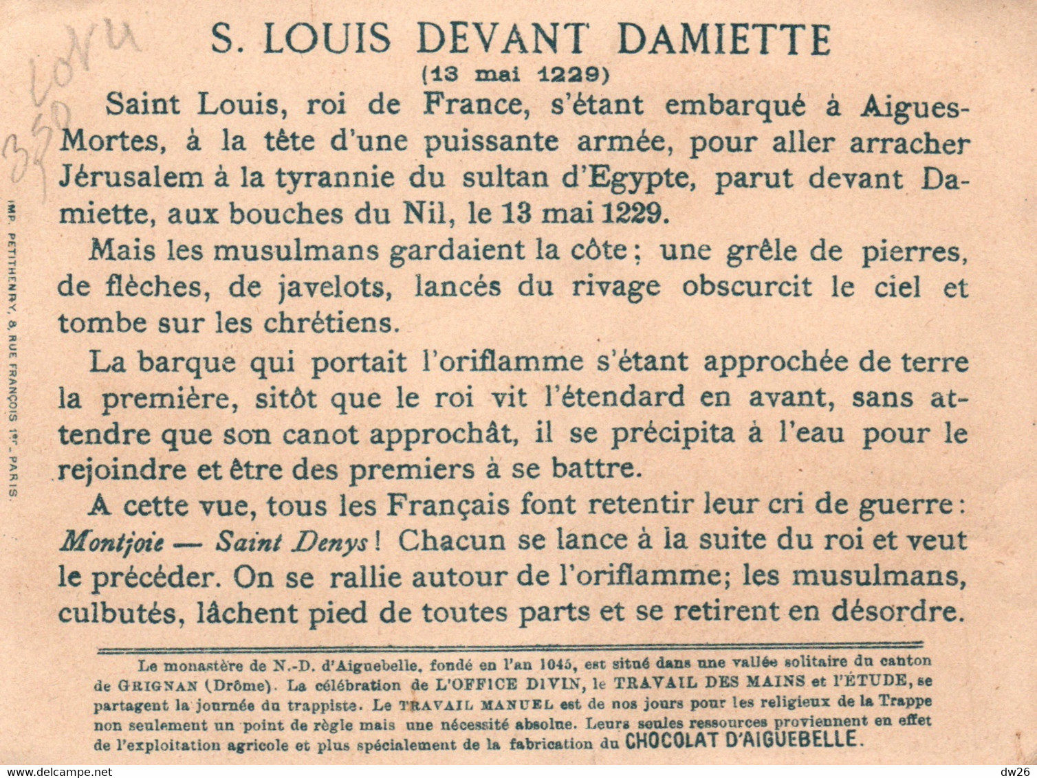 Chromo Chocolat D'Aiguebelle Fabriquée Par Les Trappistes (Drôme) Série Histoire: St Louis Et Damiette - Aiguebelle