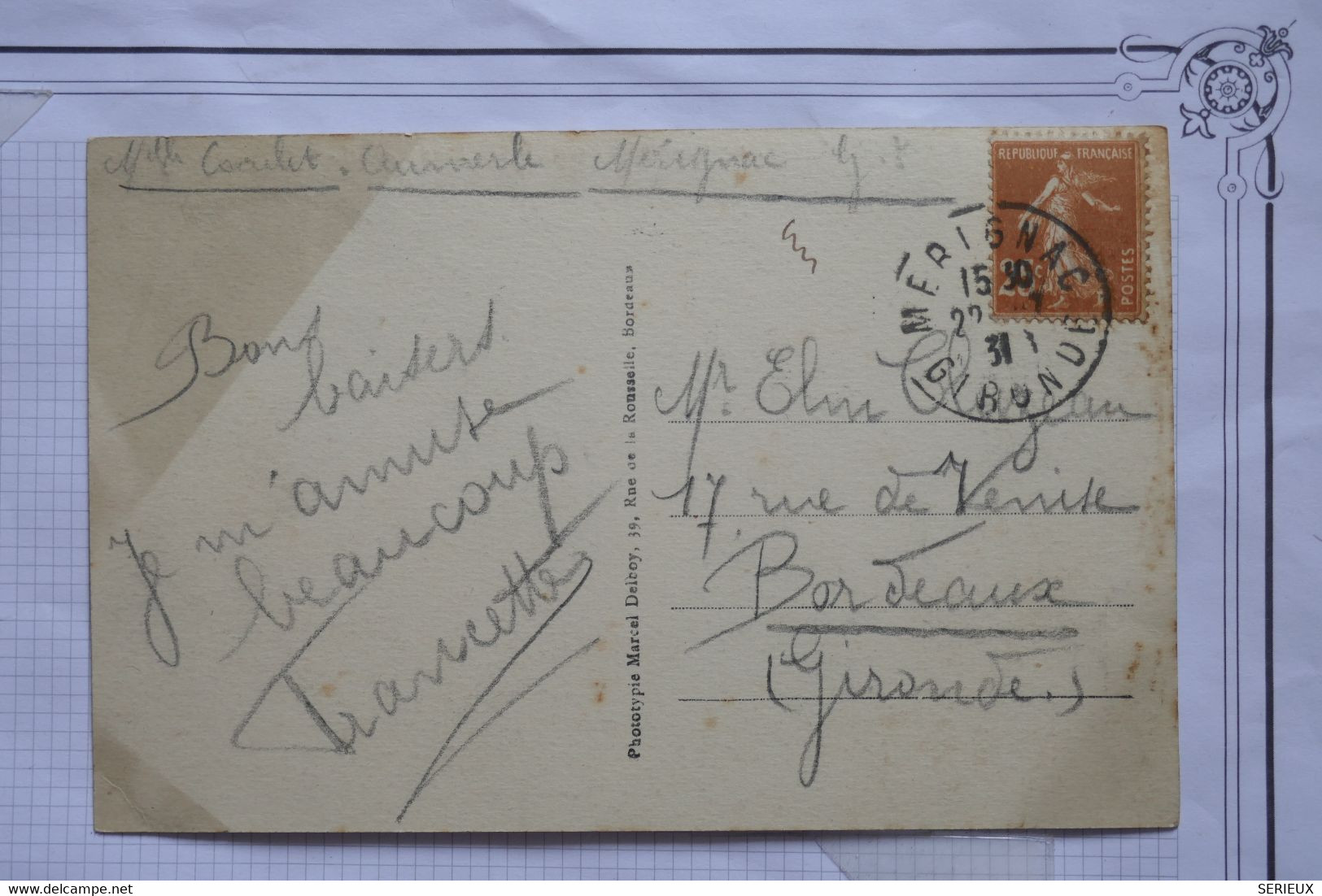AK5  FRANCE  BELLE LETTRE 1931 MERIGNAC A  BORDEAUX + BEAU DESERT + AFFRANCH. INTERESSANT - 1960-.... Lettres & Documents