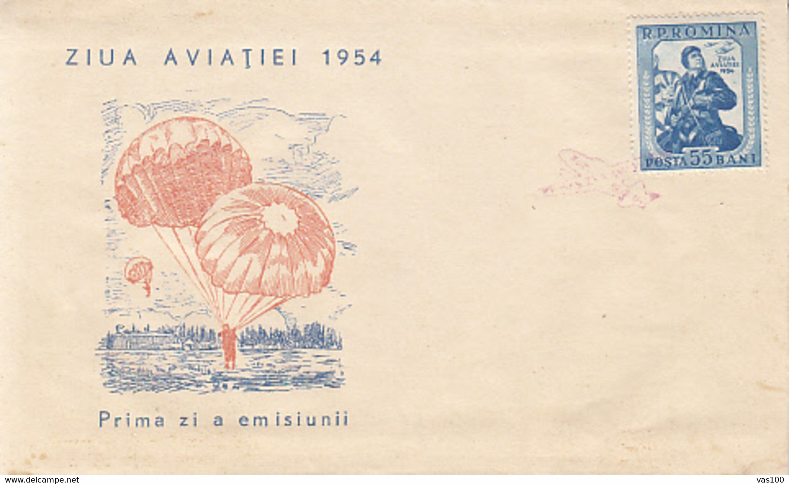 SPORTS, PARACHUTTING, AVIATION DAY, COVER FDC, 1954, ROMANIA - Parachutting