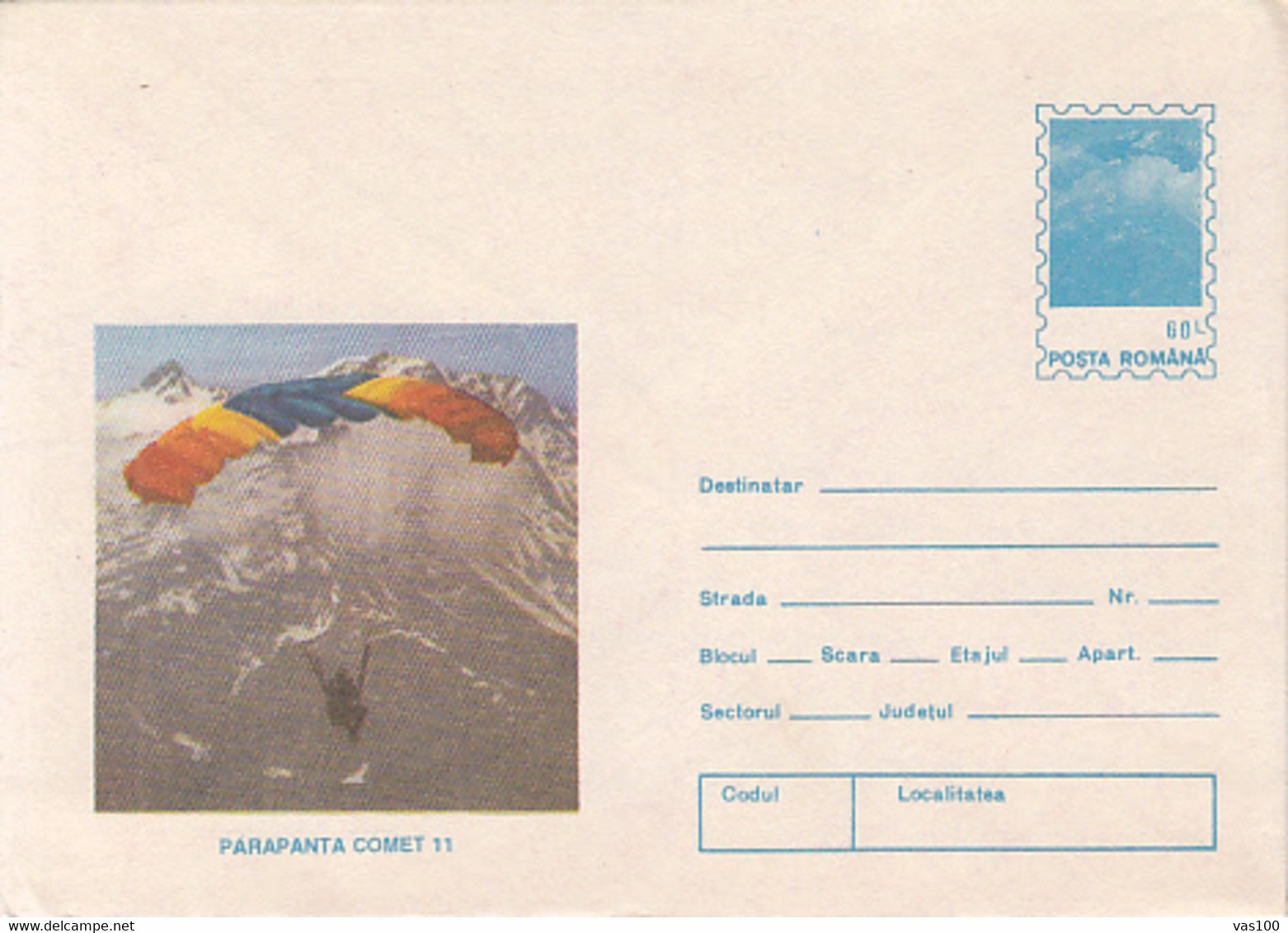 SPORTS, PARACHUTTING, COMET 11 SKY GLIDER, COVER STATIONERY, ENTIER POSTAL, 1994, ROMANIA - Parachutting