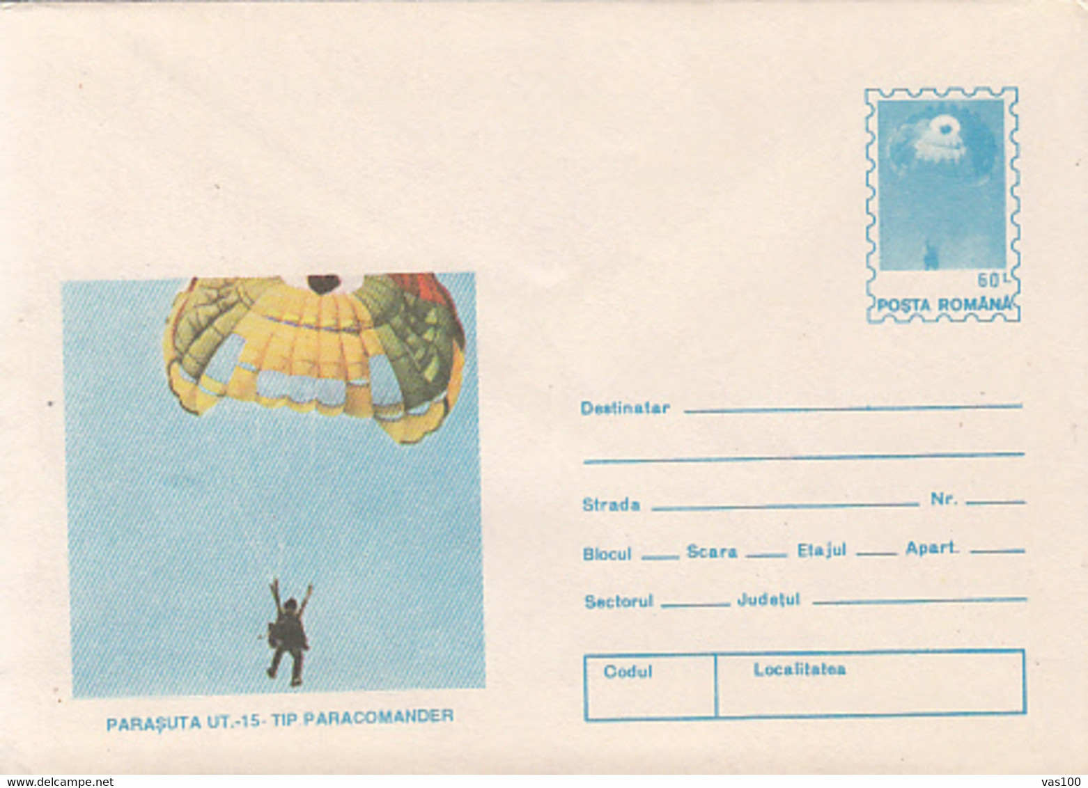 SPORTS, PARACHUTTING, UT-15 PARACOMANDER PARACHUTE, COVER STATIONERY, ENTIER POSTAL, 1994, ROMANIA - Parachutting