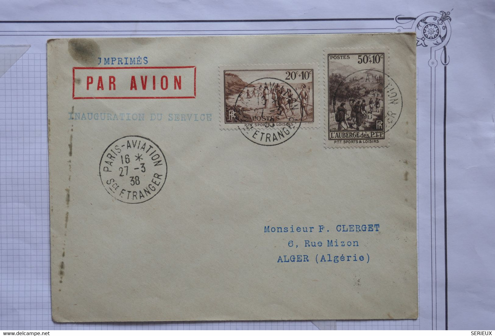 AK6  FRANCE  BELLE LETTRE   1938 PARIS POUR ALGER ALGERIE+INAUGURATION DU SERVICE AERIEN + AFFRANCH. INTERESSANT - 1960-.... Storia Postale