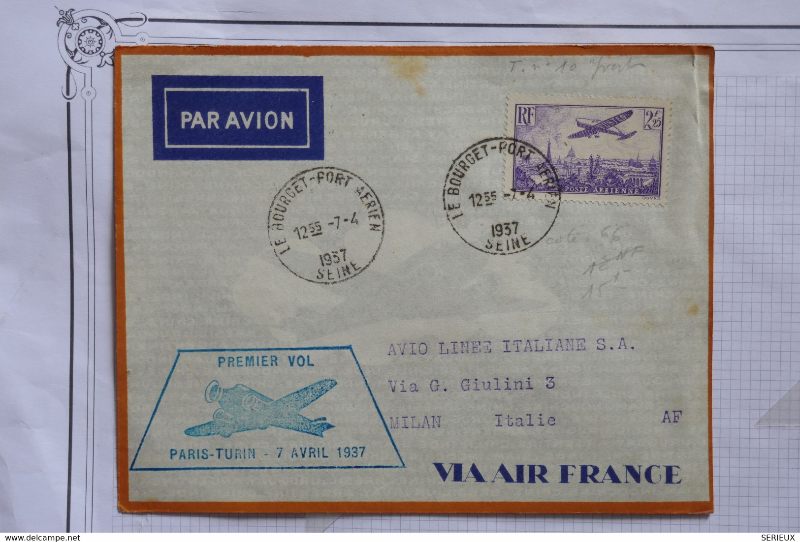 AK8  FRANCE  BELLE LETTRE    1937 1ER VOL LE BOURGET PARIS TURIN   A MILANO ITALIA + AIR FRANCE +++ AFFRANCH. PLAISANT - 1960-.... Briefe & Dokumente