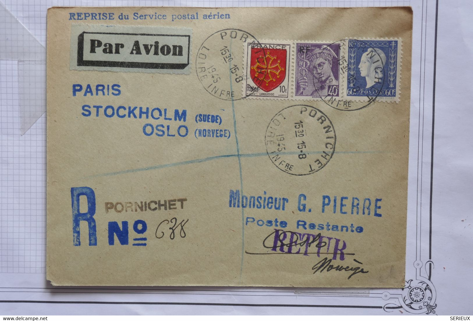 AK9  FRANCE  BELLE LETTRE  1945 REPRISE SERVICE PARIS STOCKHOLM OSLO DE PORNICHET  AFFR. PLAISANT - 1960-.... Cartas & Documentos