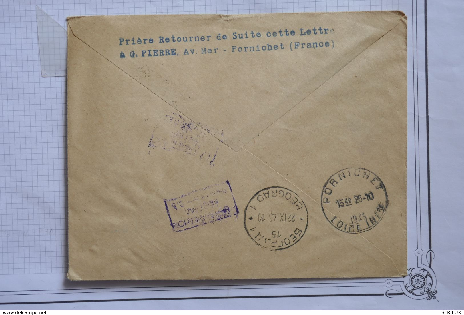 AK9  FRANCE  BELLE LETTRE RARE 1945 TRANSPORT MILITAIRE  DE PORNICHET A BELGRADE +DULAC + AFFRANC. INTERESSANT - 1960-.... Brieven & Documenten