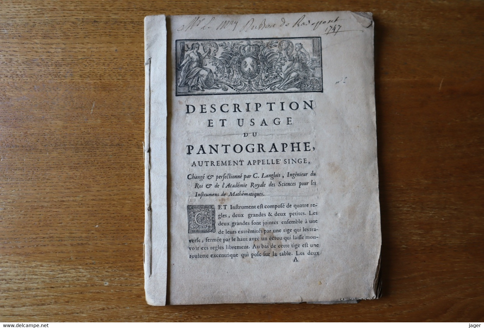 1747 Description Et Usage Du Pantographe  Avec Plan Détaillé  Frise Fleurs De Lys - Historische Documenten