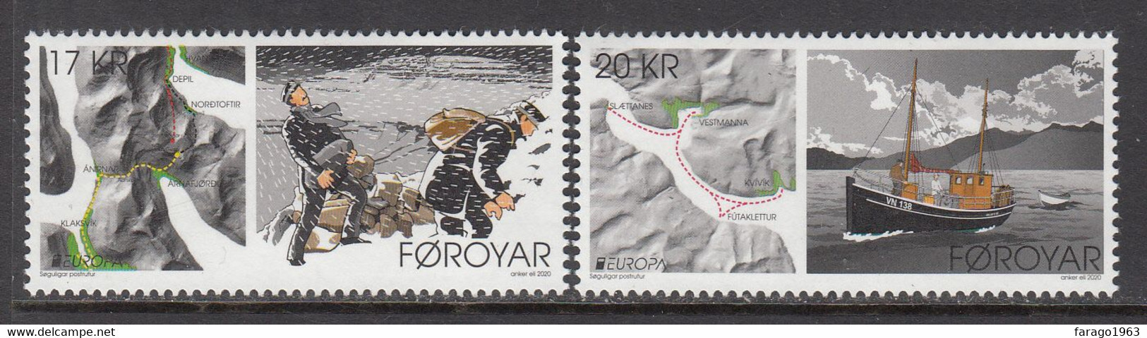 2020 Faroe Islands Europa Postal Routes Maps Boats  Complete Set Of 2 MNH @ BELOW FACE VALUE - Färöer Inseln