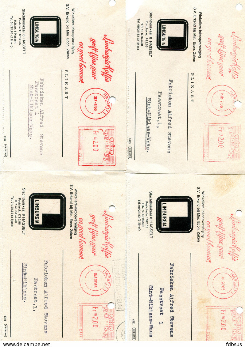 1965/66 4  Voorsten Plikaarten LIMBURGIA Hasselt Kwaliteitsvoeding - LImburgia Koffie -  Mooie Rode Frankering 2 Fr - 1960-79