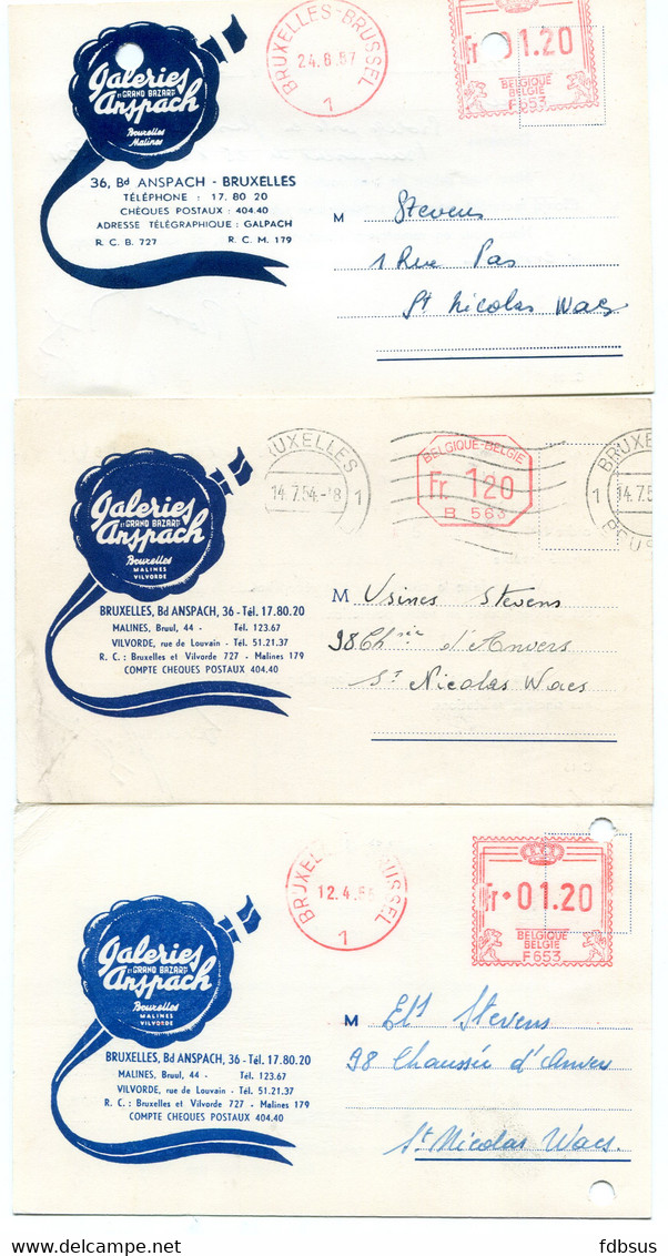 1954/57 3 Kaarten Van GALERIES ANSPACH SA Et GRAND BAZAR Bruxelles Maline Vilvorde - Gefr. 1.20 - F653 + B563 - ...-1959
