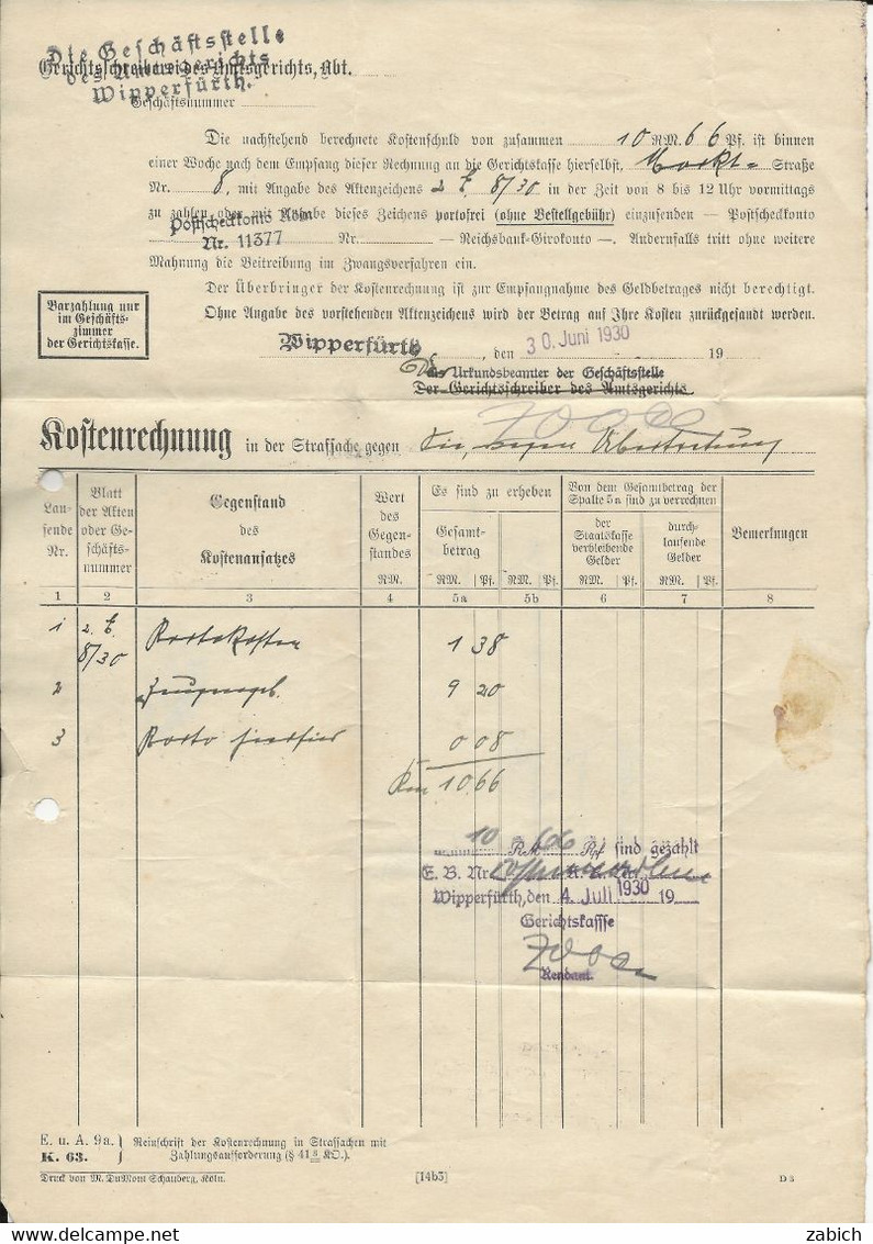 Lettre DE WIPPERFURTH FACTURE DU 30 6 1930 - Autres & Non Classés