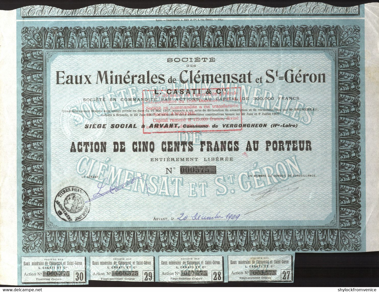 Société Des Eaux Minérales De Clémensat Et Saint-Géron - Action De 500 Francs Au Porteur - 20.12.1909 - EF - Water