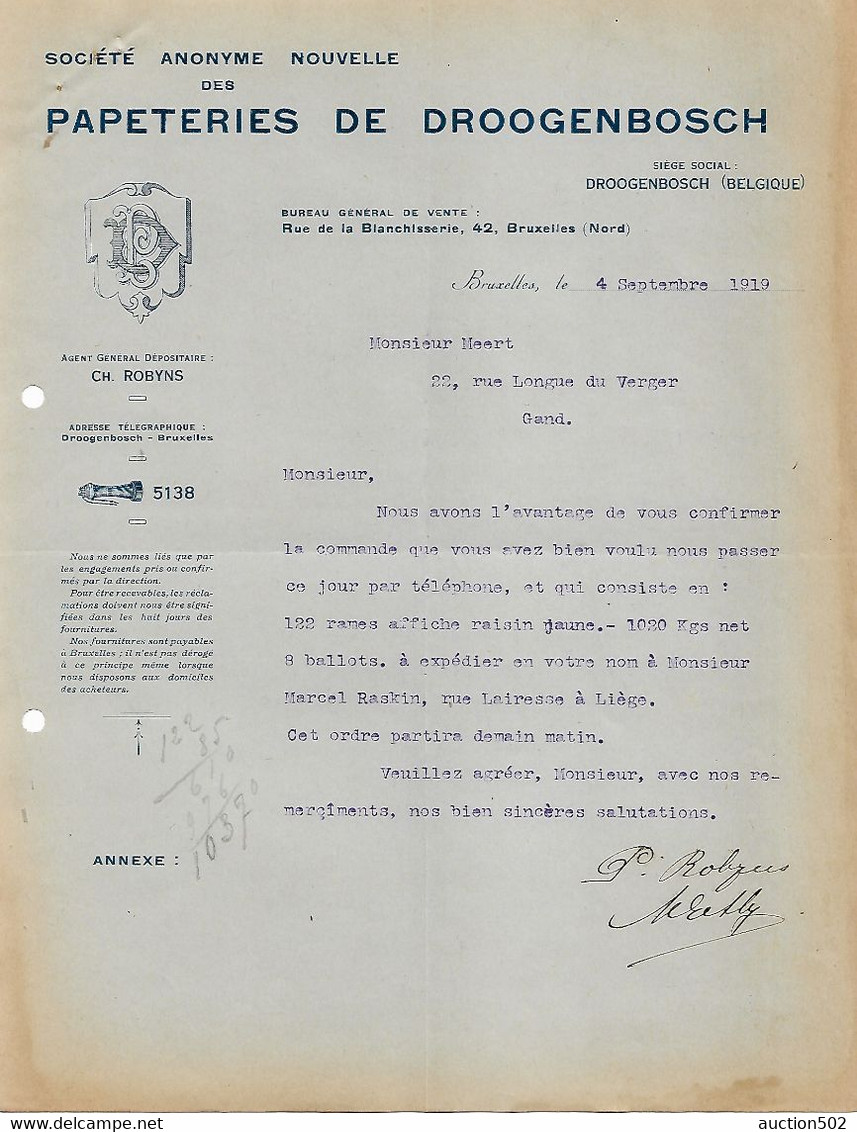 F62/ Facture S.A. Nouvelle Papeteries De Droogenbosch Bruxelles 1919 > Gand - Imprimerie & Papeterie