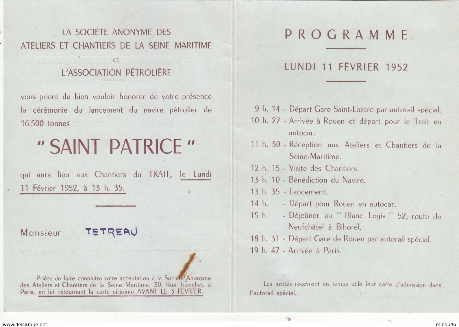 T.T.RARE PROGRAMME ET CARTONS D' INVITATION LANCEMENT DU PETROLIER " SAINT PATRICE " DE LA B.P Le 11/02/1952 .T.BON - Programme