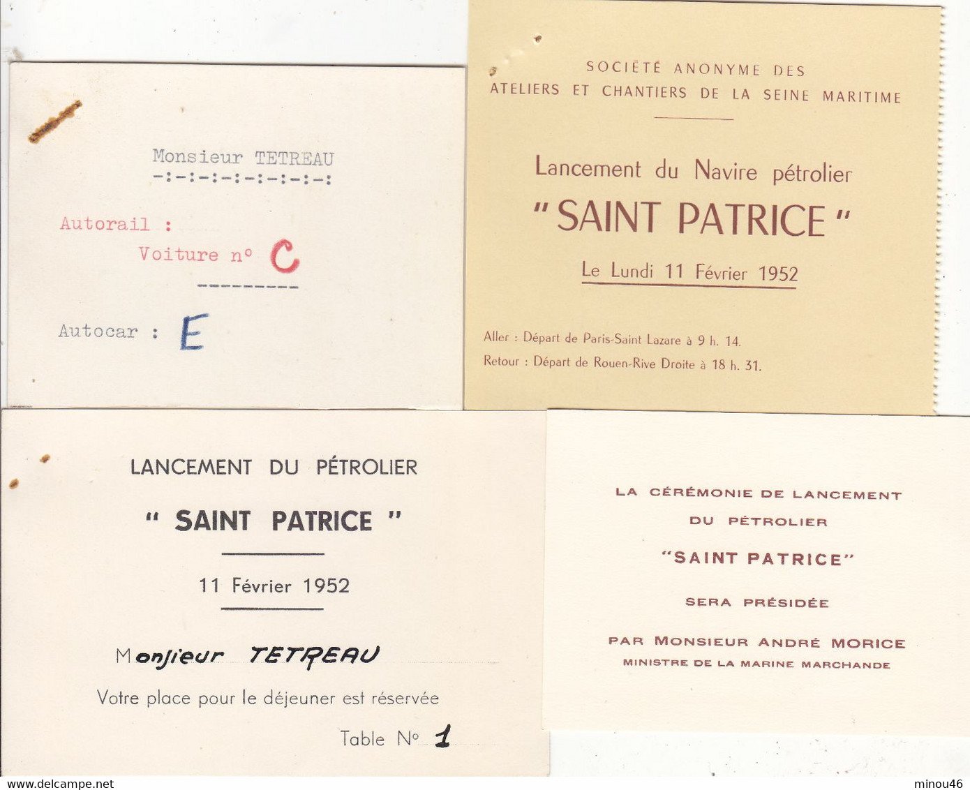 T.T.RARE PROGRAMME ET CARTONS D' INVITATION LANCEMENT DU PETROLIER " SAINT PATRICE " DE LA B.P Le 11/02/1952 .T.BON - Programme