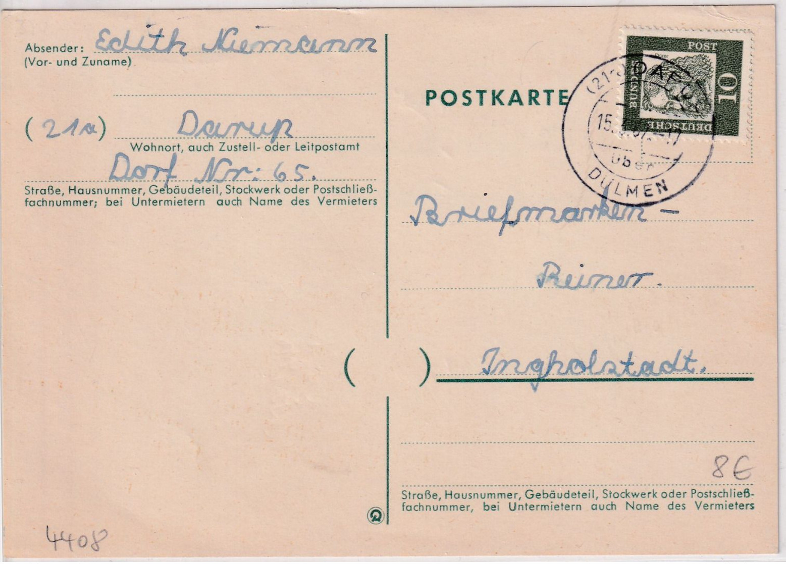 BRD - Darup ü. Dülmen Poststelle I Karte N. Ingolstadt 1962 - Other & Unclassified