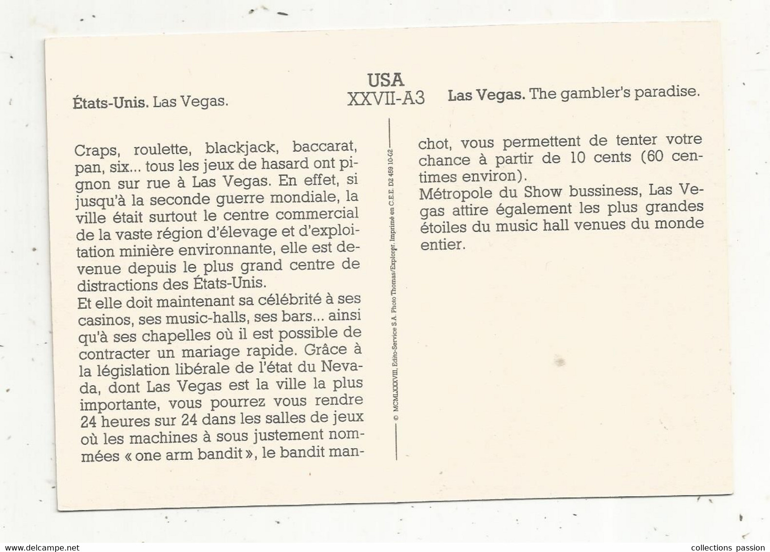 Cp , Etats Unis , NV , LAS VEGAS , The Gambler's Paradise , 2 Scans , Ed. Edito, 1988 - Las Vegas