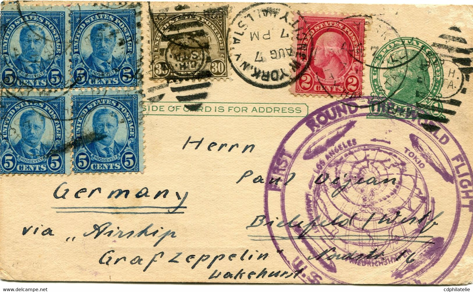 ETATS-UNIS ENTIER POSTAL AVEC AFFRANCHISSEMENT COMPL. AVEC CACHET VIOLET ILLUSTRE " FIRST ROUND THE WORLD FLIGHT U. S.." - 1921-40