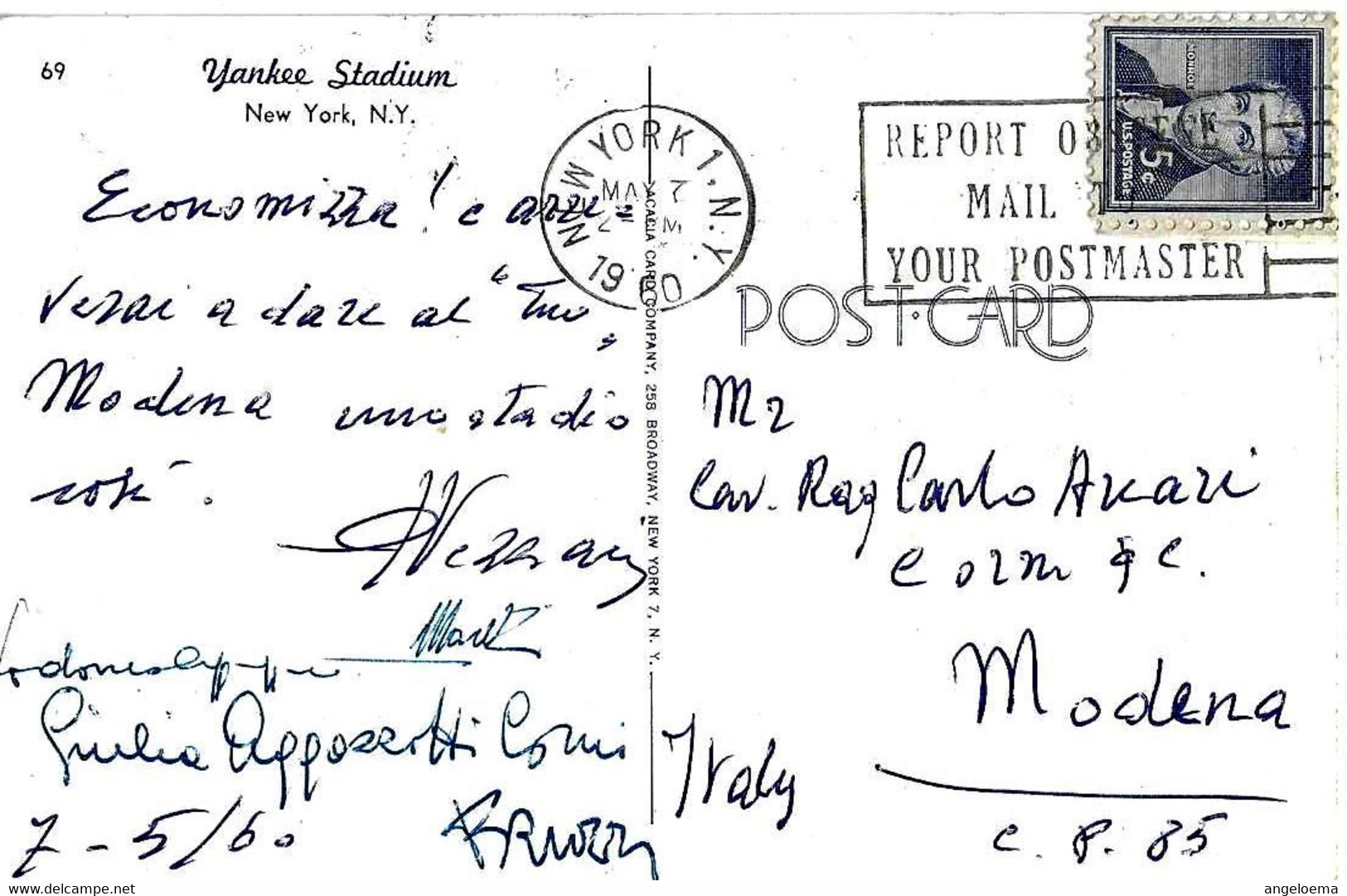 USA - 1960 NEW YORK Stadio Del Baseball Yankee Stadium Cartolina Viaggiata Per L'Italia - 269 - Baseball