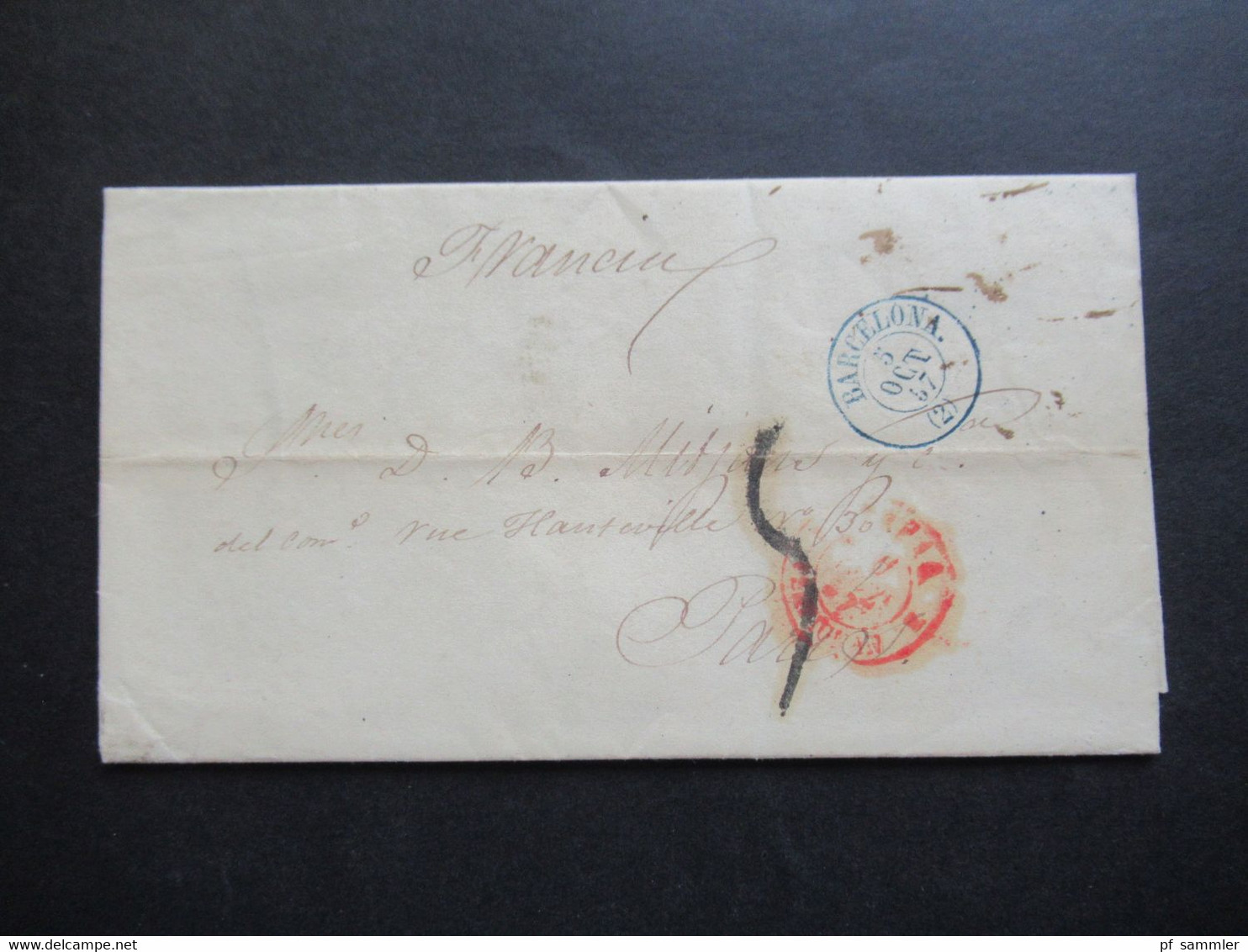 Spanien 1857 Blauer Stempel K2 Barcelona Faltbrief Mit Inhalt Nach Paris Rückseitig Bahnpost Stempel Bordeaux A Paris - Storia Postale