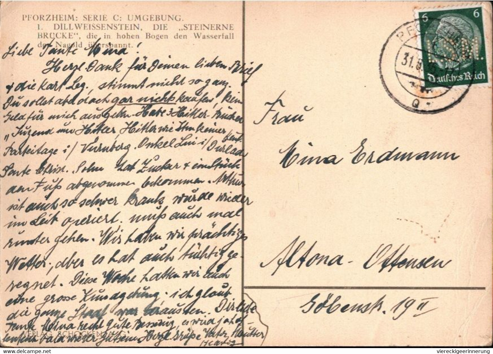 ! 1936 Alte Ansichtskarte Aus Pforzheim, Dillweissenstein, Brücke, Bridge, Nagold, Briefmarke Mit Firmenlochung, Perfin - Brücken