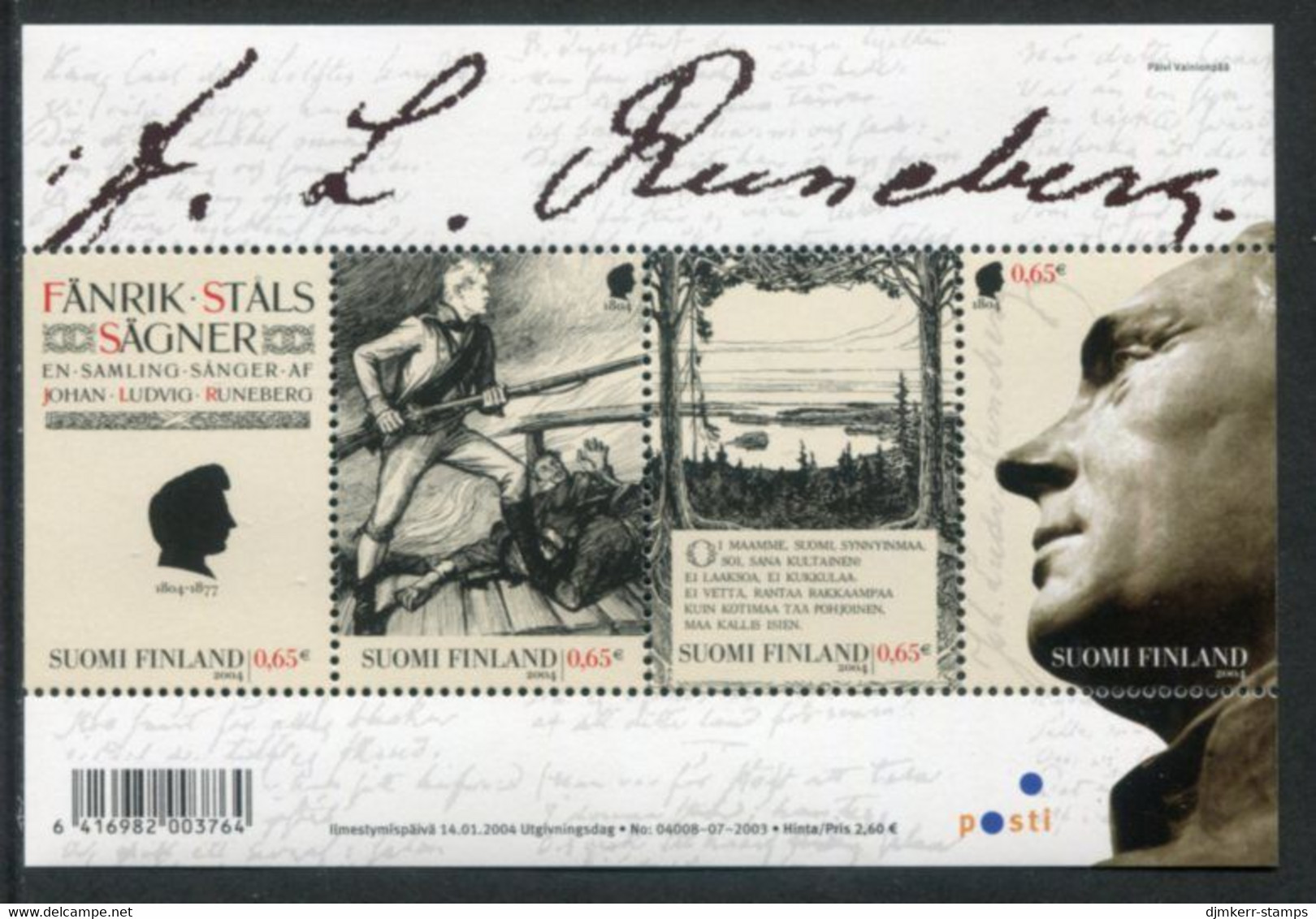 FINLAND 2004 Runeberg Bicentenary Block MNH / **.  Michel  Block 32 - Unused Stamps