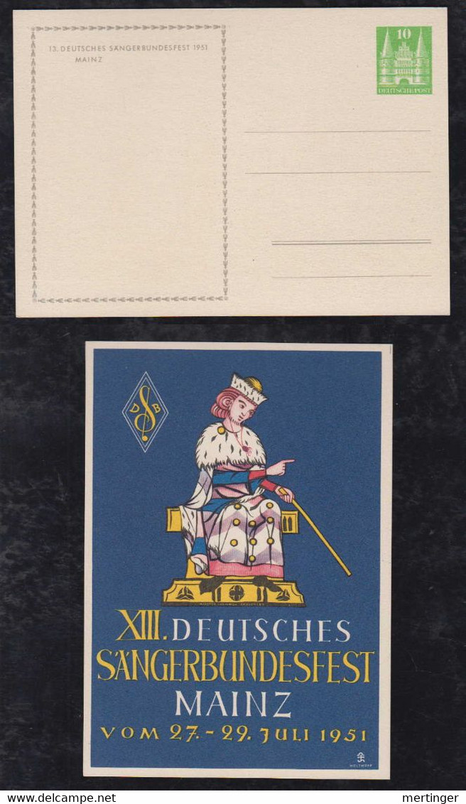 BRD Bund 1952 Tor 10Pf Privat Ganzsache Postkarte PP1 B ** Mainz Sangerbund Fest Singers - Postales Privados - Nuevos