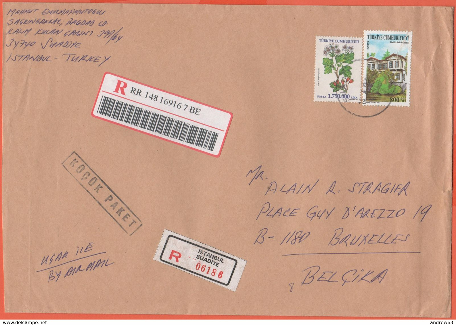 TURCHIA - TURKEY - 2004 - 1750000 Flower + 800000 House - Registered - Medium Envelope - Viaggiata Da Istanbul Per Brus - Briefe U. Dokumente