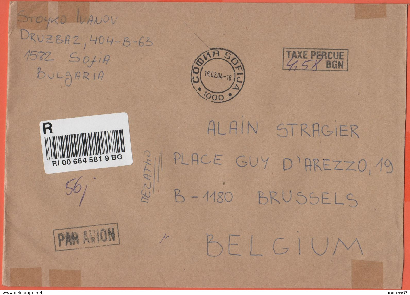 BULGARIA - BULGARIE - 2004 - 4,58 Postage Paid Taxe Percue - Registered - Par Avion - Medium Envelope - Viaggiata Da Sof - Lettres & Documents