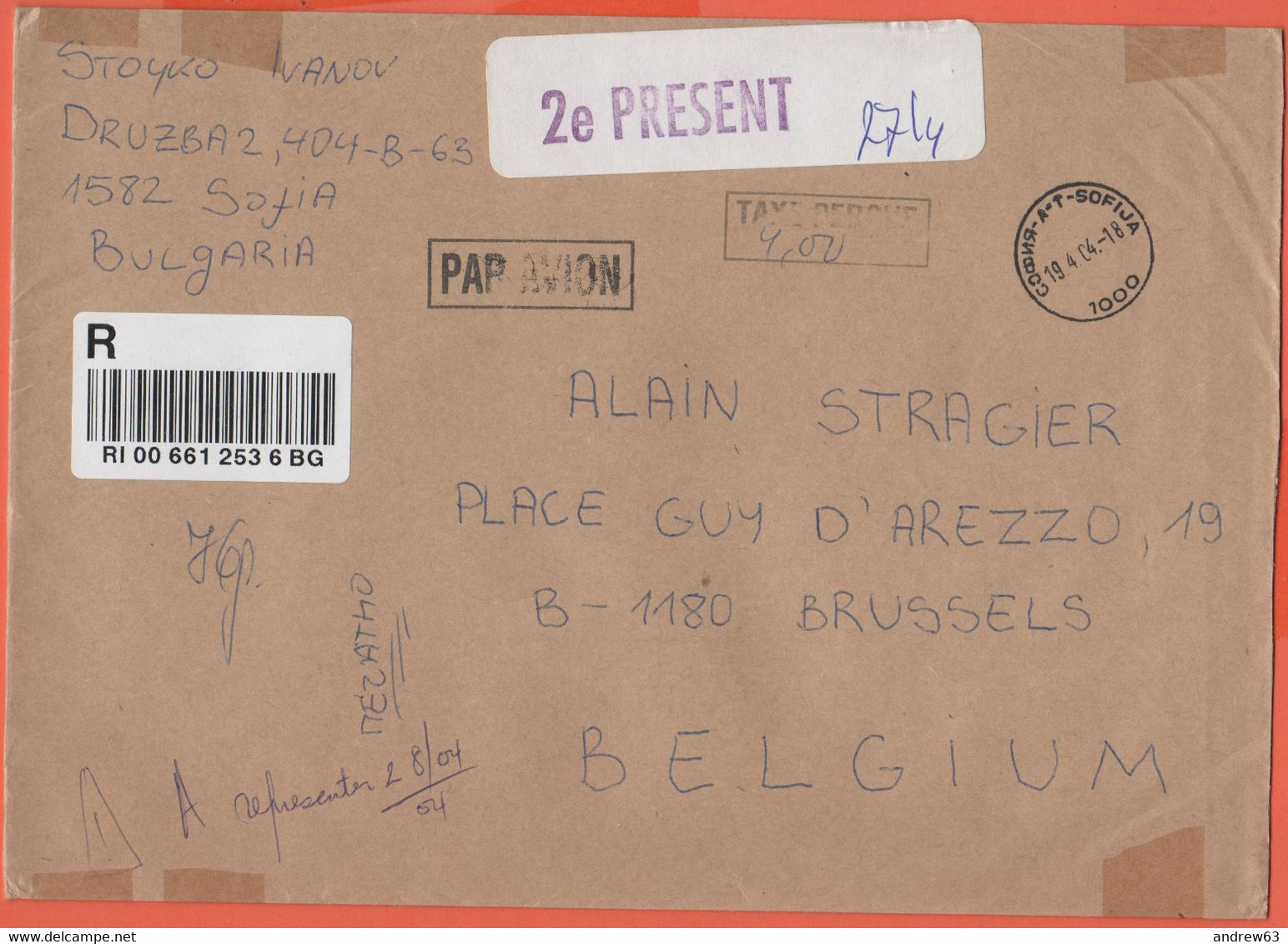 BULGARIA - BULGARIE - 2004 - 4,00 Postage Paid Taxe Percue - Registered - Par Avion - Medium Envelope - Viaggiata Da Sof - Briefe U. Dokumente