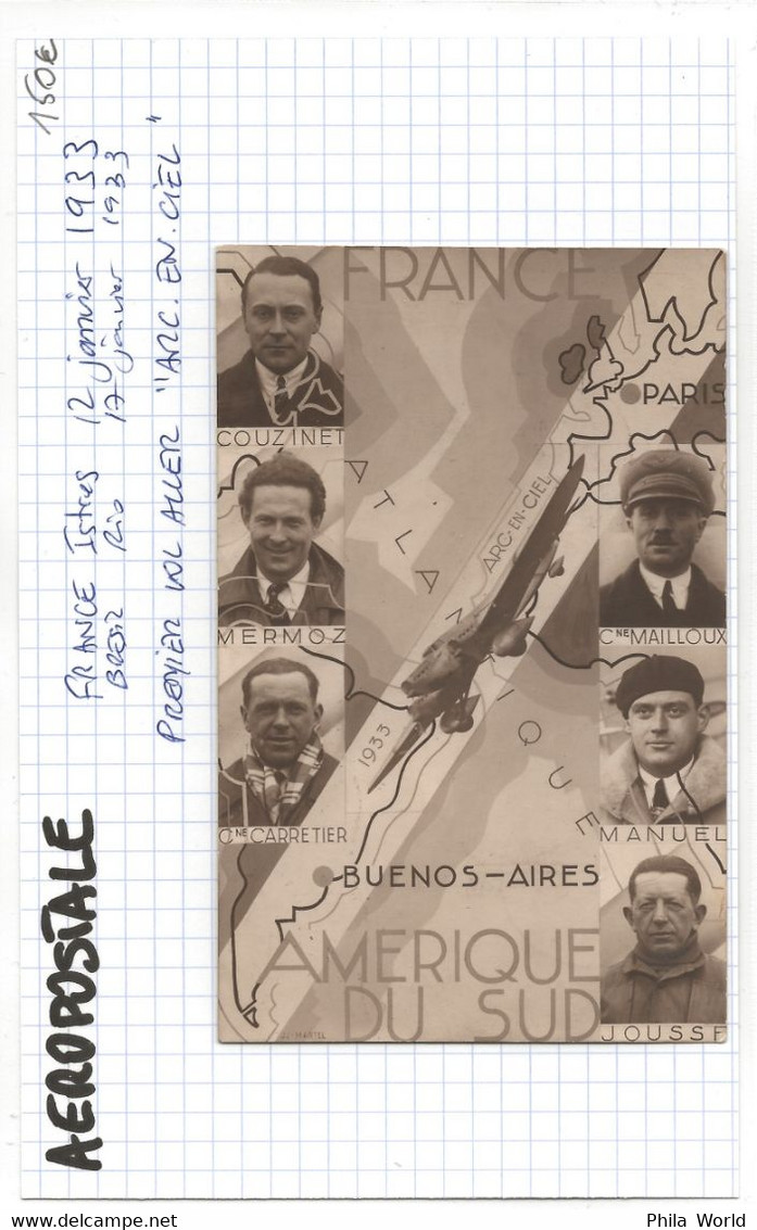 AEROPOSTALE 1933 1er Vol Aller Par Avion MERMOZ Couzinet Arc En Ciel France Bresil Istres To Rio Airmail - Aerei