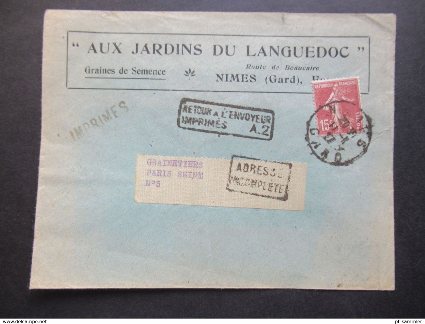 Frankreich 1927 Säerin Aux Jardins Du Languedoc Stempel Ra2 Retour A L'Envoyeur Imprimes A.2 Und Adresse Incomplete - 1906-38 Säerin, Untergrund Glatt