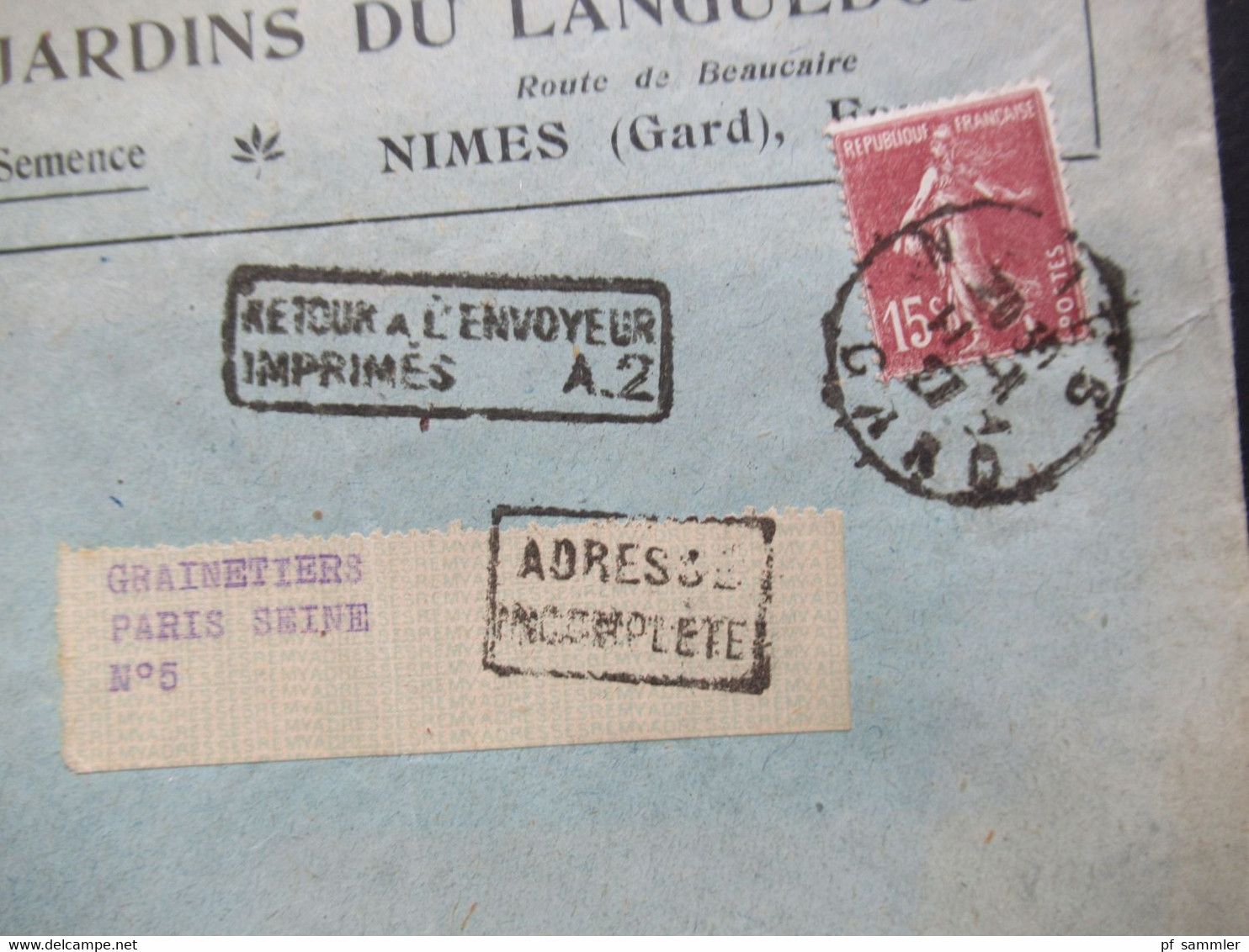 Frankreich 1927 Säerin Aux Jardins Du Languedoc Stempel Ra2 Retour A L'Envoyeur Imprimes A.2 Und Adresse Incomplete - 1906-38 Semeuse Con Cameo