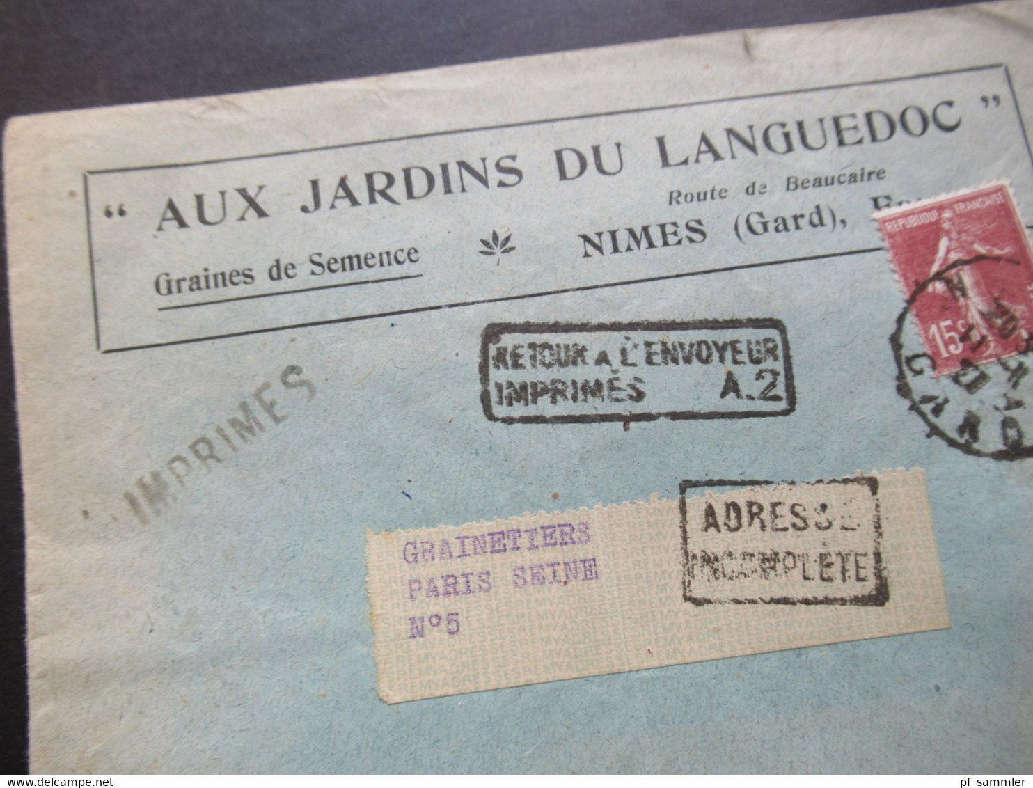 Frankreich 1927 Säerin Aux Jardins Du Languedoc Stempel Ra2 Retour A L'Envoyeur Imprimes A.2 Und Adresse Incomplete - 1906-38 Semeuse Con Cameo