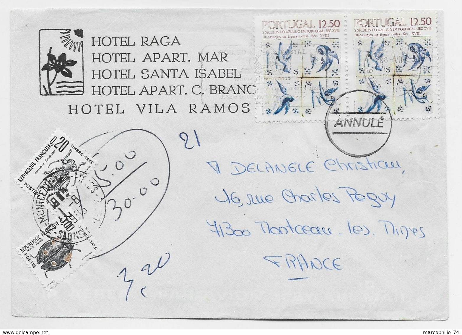 PORTUGAL 12.50 FIGURA C2 LETTRE COVER HOTEL RAGA SANTA ISABEL ANNULE TO FRANCE TAXE INSECTES 3FR+20C+ MONTCEAU 1.6.1983 - Covers & Documents